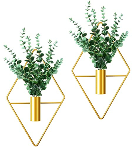 2 stycken diamantformade hängande planterare med konstgjorda vattenväxter metall hängande vas inomhusväxter hållare modern geometrisk väggdekor för hem vardagsrum kontor (guld, eukalyptus)
