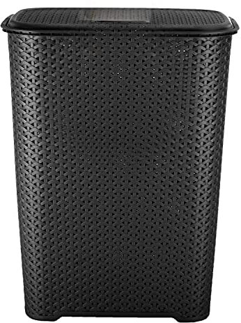 65L Litre Large Virgin Plastic Laundry Basket with Hinge Lid, Clothes Washing Bin Hamper Storage Organizer, Cloth Washing Basket, Laundry Bin (Black)
