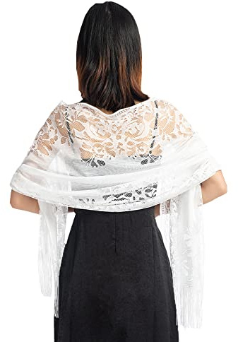 NiceYnn Châle Mariage Femme Echarpe Anniversaire en Dentelle Foulard Cheveux pour Robe de Soirée Floral Blanc