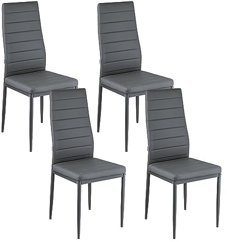 Baroni Home Set di 4 Sedie da Pranzo con Schienale Alto e Seduta Ergonomica con Cuciture Decorative, Sedie Eleganti Imbottite in Ecopelle con Struttura in Acciaio, 40X48X96 cm, Grigio