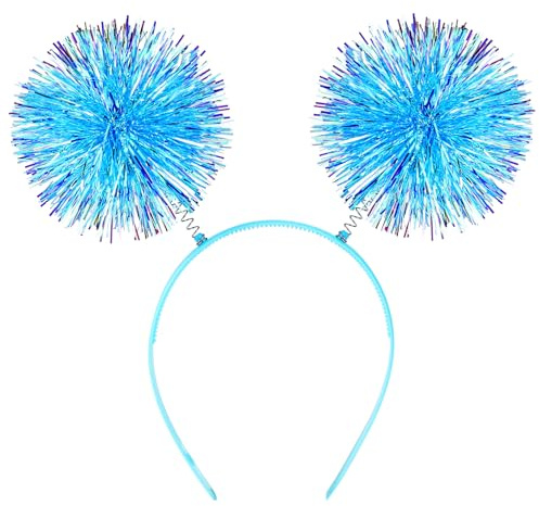 KALIONE Foil Strips Disco Fuzzy Balls Fashion Headband Fluffy Ball Hair Loop Blue Pom Pom Headbands Tinsel Headband for Women Girls Halloween Birthday Christmas Party