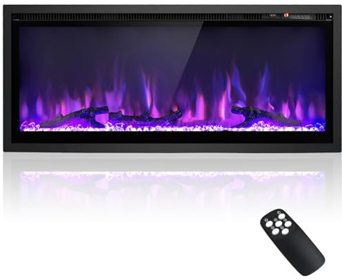 GYMAX Camino Elettrico, Caminetto a Parete Incassato, 750W/1500W, con Telecomando, Timer, Decorazione di 3 Tronchi e Cristalli, 91,5 x 14 x 45 cm