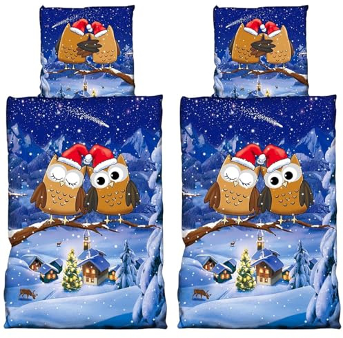 Visaggio 4teilige Fleece Bettwäsche 135x200 cm Winter Flausch Thermofleece Bettbezug Deckenbezug Blau Eulen Weinachten Schnee