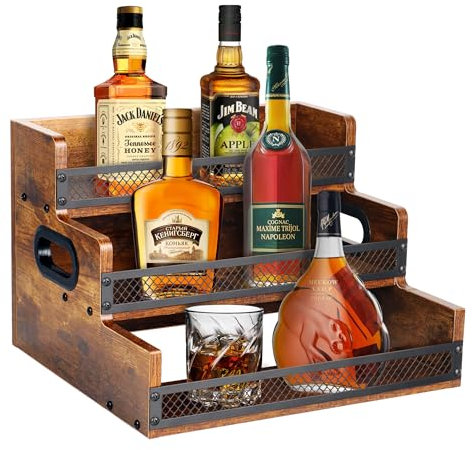 Alyoen Weinständer, Flaschenregal,Weinschrank aus Holz mit Tablett, Mini Bar, 3-stufiges Barregal für Schnapsflaschen, 12-Flaschen Barschrank, Bar Display, l für Wein und Whiskey