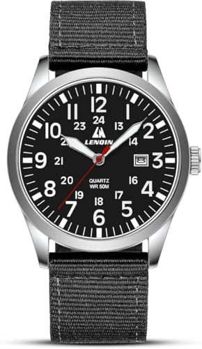 LN LENQIN Reloj Hombre Militar Relojes Analógicos Cuarzo para Hombres Reloj de Campo Luminoso Impermeables Deportivo Táctico Relojes de Pulsera con Fecha y Correa de Nailon (Black Silver Black)
