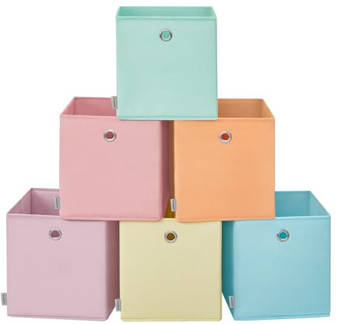SONGMICS Storage Cubes, Set of 6 Collapsible Storage Boxes, 26 x 26 x 28 cm, Fit Cube Storage Unit, Rainbow Storage Bins, Colourful Fabric Bins for Bedroom, Living Room RFB226X01