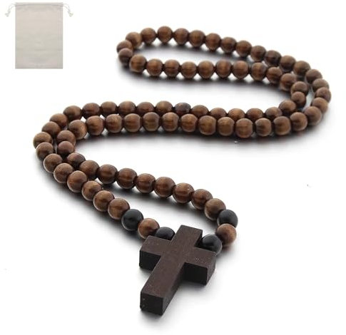 Wooden Cross with Catholic Rosary Natrual Olive Wood in Natural Linen Bag, Mini Cross Holding for Prayer, Meditation, Christian Religious Gifts or Necklace Decorations