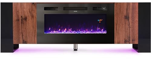 Warmiehomy Electric Fire Insert TV Stand, 78 TV Unit with Fireplace Built in, 12 Colors Moon Light & 12 Flame Effect Support, Remote Control & Overheat Protection, Brown