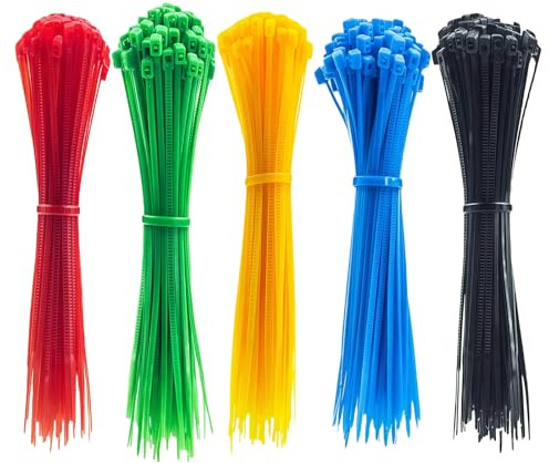 500 Piezas Bridas Plastico para cables Colores, 200mm x 3mm Abrazaderas Plastico, Bridas de Nailon con Cierre Automático Resistentes a Los Rayos UV, para Gestión de Cables, Taller, Jardín (5 Colores)