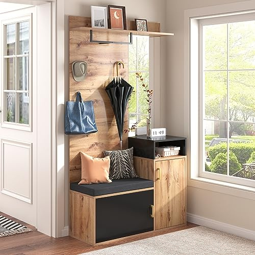 Gxffipw Garderobe Set mit Spiegel und Schuhschrank, Garderobenset mit Wandgarderobe und Sitzbank, Flurgarderoben Set mit Ablagefach, Flur möbel, Garderobenschrank, Schwarz+Holzfarbe, 105×40×191.5 cm