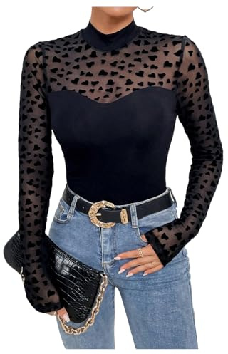 GORGLITTER Women's Mesh Long Sleeve Top T Shirt Sheer Mock Neck Stretchy Sexy Party Tee Top Black Heart Large