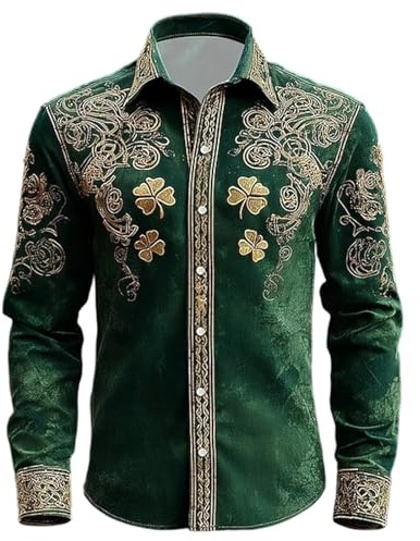 Zanisouta St Patrick's Day Camicia per costume tradizionale da uomo, a quadrifoglio, con stampa a maniche lunghe, con bottone, per feste, da uomo, alla moda, casual, per il tempo libero, festival