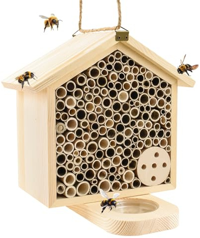 Mason Bee House with Feeding Trays - Natural Pine Wood Hanging Bee Hive,Insect Hotel for Garden Backyard, Outdoor Garden Decoration Attracts Bees, Butterflies, Ladybugs Pollinators