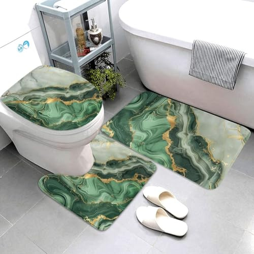 3 Piezas Juego De Alfombra De Baño Mármol Verde 3 Alfombrillas De Baño Cómoda Absorbentes Alfombras De Cama, para Bathroom, Cocina, Dormitorio