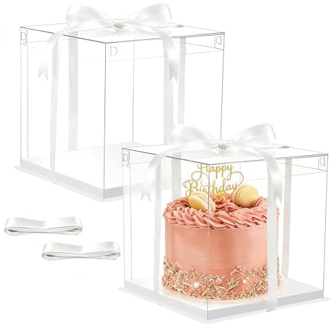 Lot De 2 Boîtes À Gâteau Transparentes Avec Base Et Ruban, Réutilisables | Idéales pour Gâteaux d'Anniversaire, de Mariage, de Fête et Présentation de Desserts