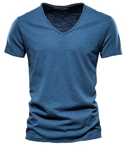 Herr djup V-hals T-shirt muscle slim fit – lågt skuren stretch kortärmad undertröja – träning träningskläder t-shirt, A-denim blå, 3XL