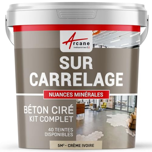 Béton ciré sur carrelage, cuisine, salle de bain, mural, sol, plan de travail, revêtement décoratif douche en kit - 5 m² (en 2 couches) Crème Ivoire - ARCANE INDUSTRIES