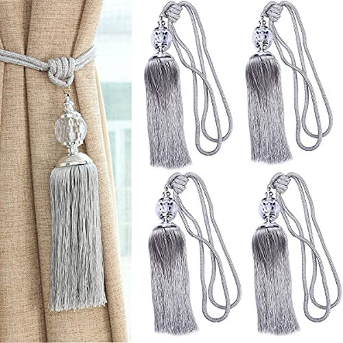 DARENYI 4 Pcs Curtains Tieback Tassel Curtain Tiebacks Rope Silver Curtain Holdback Braided Tie Backs Curtain Holder for Living Room Bedroom Decorative Drapery