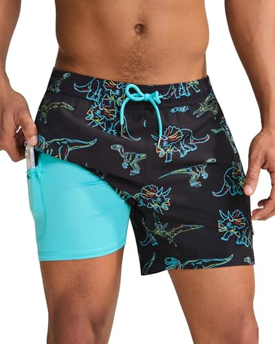 maamgic Mens Swim Trunks with Compression Liner 5 Inch, Quick Dry Bathing Suit with Zipper Pockets, Stretch No-Chafing Swim Shorts, Black-Colorful Dinosaur Medium