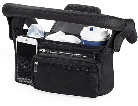 Kinderwagen Organizer Universal, Kinderwagen Tasche mit Isolierten Getränkehalter, Buggy Organizer Baby Zubehör mit Abnehmbar Reißverschlusstasche für Windeln&Handys, Kinderwagen Zubehör