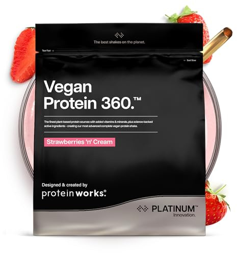 Protein Works | Vegan Protein 360 - Platinum Innovation, Premium Vegan Protein Powder, Plant-Based Protein Shake, Essential Vitamins & Minerals, Low Sugar, Strawberries 'n' Cream, 14 Servings, 500g