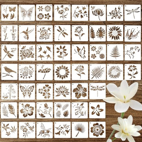 Sibba 50 Stück Schablonen zum Malen Malerei-Kunstschablonen Painting Stencil Wiederverwendbare Blumen Vögel Pflanzen DIY Malerei Kunststoff Malschablonen Wanddeko Scrabooking Geschenkkarten Fotoalbum