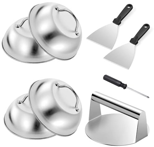 TECKZOON Kit Smash Burger di 7 Pezzi in Acciaio Inox, Include Pressa per Hamburger, 4 Cloches e 2 Spatolas, Kit per Hamburger BBQ, Set di Posate per Barbecue