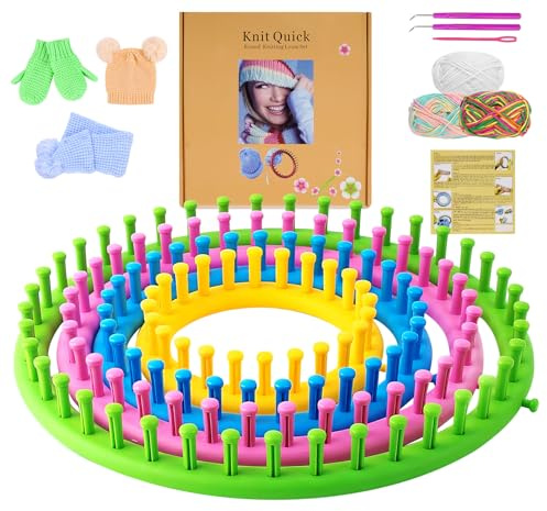 ilauke Knitting Looms Set, 4 Size Round Knitting Machine, Scraf Hat Maker Craft Knit Loom Tools Kit, Circular Knitting Loom Knitting Needle and Hook for Knitting Hat, Bags, Scarf Shawl Sweater Sock