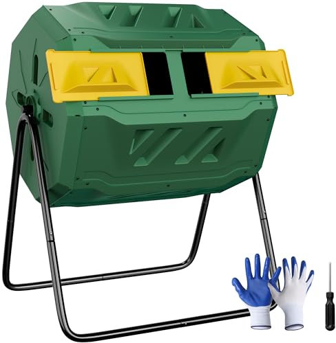F2C Komposteimer für den Außenbereich, Doppelkammer-Trommelkomposter, BPA-frei, großer Tumbler, Komposter, Trommel- oder Drehbar, mit Schiebetüren und solidem Stahlrahmen, Garten, Hof, Grün