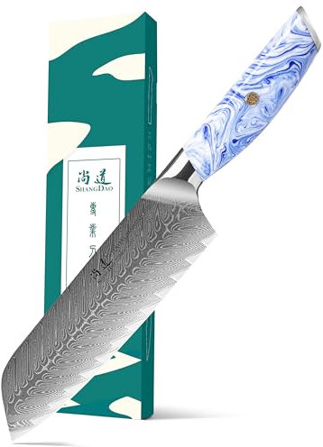 SHANGDAO Cuchillo Santoku de Damasco de 7 pulgadas, cuchillo de cocina ultra afilado con cuchillo Santoku forjado en Damasco japonés, mango ergonómico de resina, regalos de cocina con caja de regalo