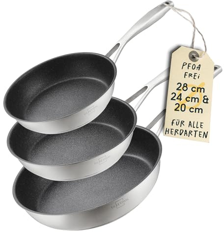 SILBERTHAL Bratpfannen Set 3 teilig - Edelstahlpfanne Beschichtet - 20, 24 und 28 cm - Induktionsgeeignet - Anti-Haft - Backofenfest bis 250°
