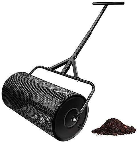 Esparcidor de abono, esparcidor de turba, esparcidor de abono de 24 pulgadas, malla metálica con mango ajustable en forma de T para plantar, esparcidores de estiércol para el cuidado del césped, rodi