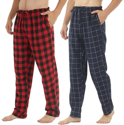 BEGIANT 2-pack pyjamasbyxor herr bomull flanell mjuka pyjamasbyxor rutiga män pyjamas nederdelar lounge pyjamas med knappslå och fickor