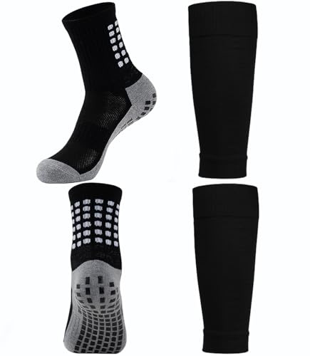 KMOLY 2 Set Kids Grip Soccer Socks and Shin Guard Sleeves for Age 7-14 Youth Boys Children Football Basketball Training (2 Set Black)