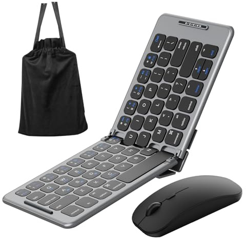Miieadoo Portable Foldable Bluetooth Keyboard with Wireless Mouse – Mini Folding Wireless Keyboard Mouse Combo,Type-C Fast Charging, Compatible with iOS, Android, Windows, Mac