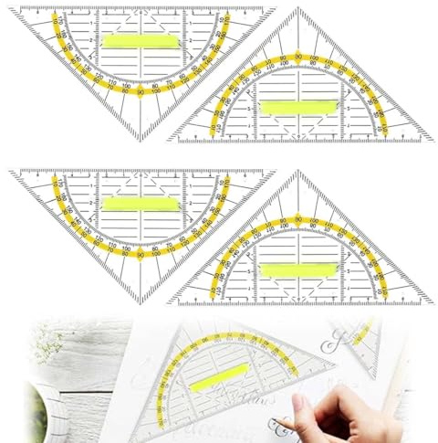 LKJAUOZ 4 Pezzi Squadra Geometrica in Plastica, Righello Triangolare, Set Quadrato Triangolo Goniometro con Manico in Plastica Rimovibile, per Scuola e Ufficio,goniometro trasparente