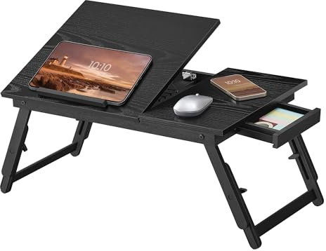 SONGMICS Sängbord för laptop, sängskrivbord med justerbar vinkel och höjd, vikbart stativ för bärbar dator upp till 15,6 tum, för att arbeta läsa frukost, bambu, låda, bläcksvart LLD105BE01
