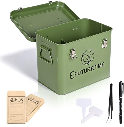 efuturetime Caja de Metal para Almacenamiento de Semillas 20,5×13,5×16cm, Organizador de Semillas de Jardín con 3 Compartimentos, Almacenamiento Semillas Flores Verduras Regalo Jardineros, Verde