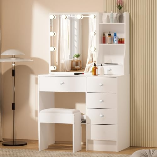 Saimeihome Toeletta per camera da letto, cameretta dei bambini, tavolo da trucco bianco, 80 x 36 x 130 cm, con illuminazione a LED, sgabello, 5 cassetti e pratico specchio scorrevole