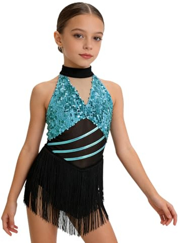Sxiwei Kids Girls Sparkly Sleeveless Latin Dance Dress Halter Sleeveless Tassel Samba Rumba Jazz Cha Cha Dance Costume Light Blue 7-8 Years