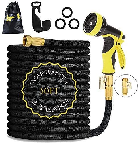 HmiL-U Garden Hose 50ft 15m Strongest Double Latex Inner Tube Prevent Leaking Magic Hosepipe with 9 Function Spray Gun+Solid Brass Fittings (Retracted Length 17ft)【2 YEARS 100% Guaranteed】(50ft)