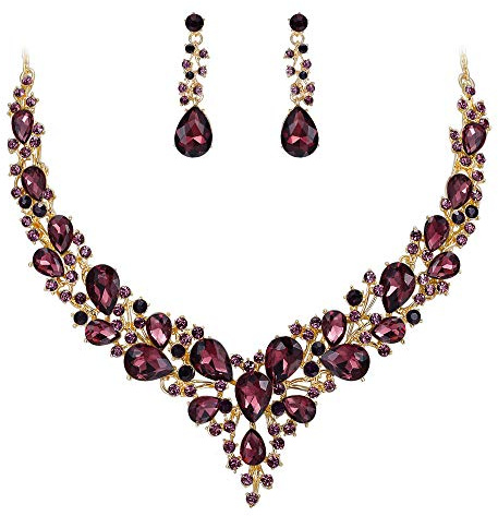 BriLove Large Long Jewelry Set for Women Austrian Crystal Teardrop Cluster Statement Necklace Dangle Earrings Deep Amethyst Color for Wedding Party