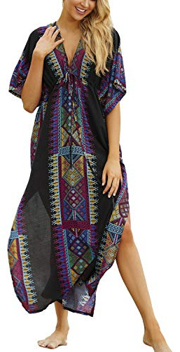 YOUKD Imprimé d'été Floral Caftan Ample Boho Bikini de Plage Robe Cache-Maillot Grande Taille Robe pour Femme