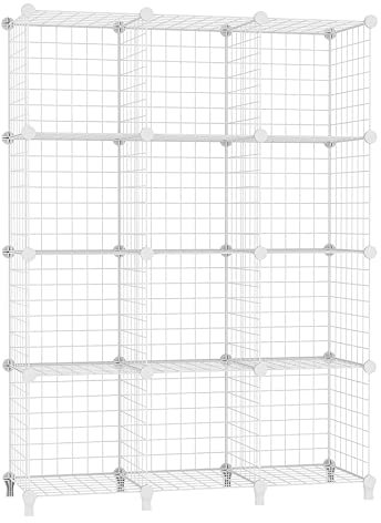 AWTATOS Griglia metallica a forma di cubo, 12 cubi, libreria, impilabile, organizer per riporre oggetti, contenitori modulari per cubi, scaffale multiuso in filo di ferro, per soggiorno, bianco