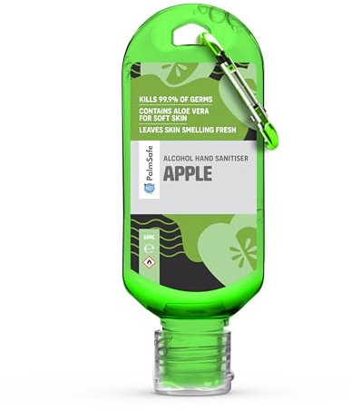Palm Safe Apple 60ml Anti Bacterial Premium Hand Sanitiser Travel Size Refillable Clip Bottle Quick Drying Non Sticky Extra Moisturising Kills 99.9% of Viruses and Bacteria