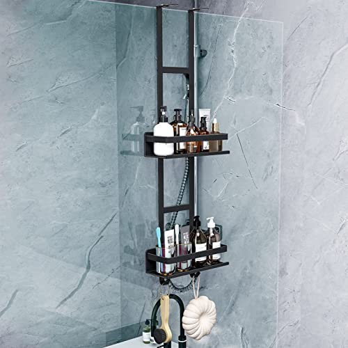 HANFU Etagere à Suspendre, Support Douche Acier Inoxydable avec 2 Paniers et 2 Crochets, Etagere Sans Percage Porte Shampoing et Gel Douche Salle de Bain, 81.5 x 25 x 10cm, Noir