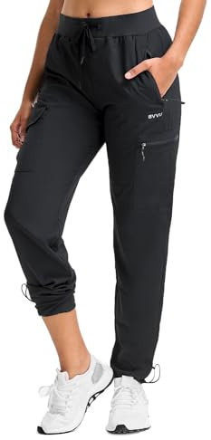 BVVU Women's Hiking Pants Lightweight Quick Dry Travel Outdoor Pants Waterproof Work Cargo Joggers with Zipper Pockets Black