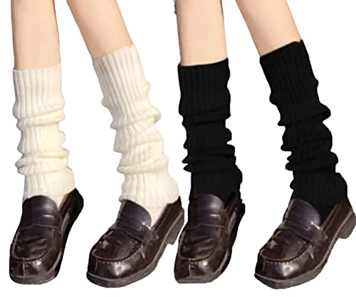 Verdusa Women's Harajuku Leg Warmers Y2K Solid Rib Knit Long Socks Black White one-size