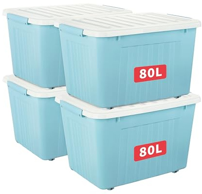 Cetomo 80L*4 Cajas de Almacenamiento con Tapas, Contenedores de Plástico con Ruedas, Clip On, Apilables, Encajables, Organizador Rayado para Oficina en Casa, Azul, 80L-4 Pack