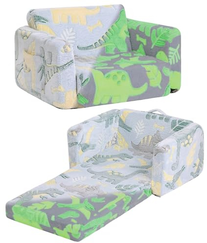 Tiita Kids Sofa, 2-in-1 Kid Sofa, Convertible Children Couch to Lounger, Flip Out Kids Chair, Glow in The Dark Toddler Armrest Chair Bed for Girl or Boy (Grey Dinosaur)